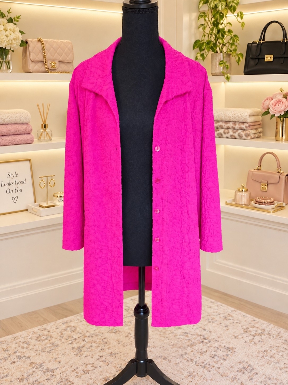 Women's Fuchsia Textured Open-Front Long Blazer Jacket